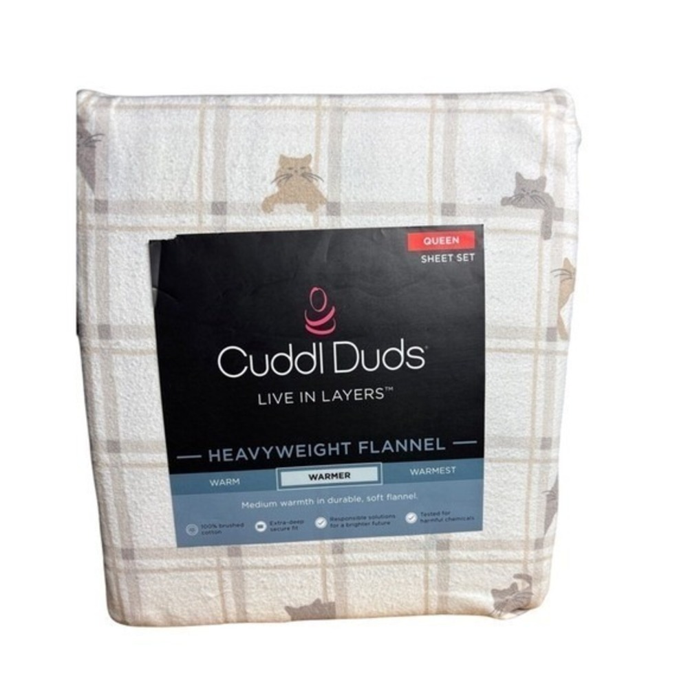 Cuddl Duds Queen Heavyweight Flannel Sheet Set Playful Cats Plaid Gift NEW